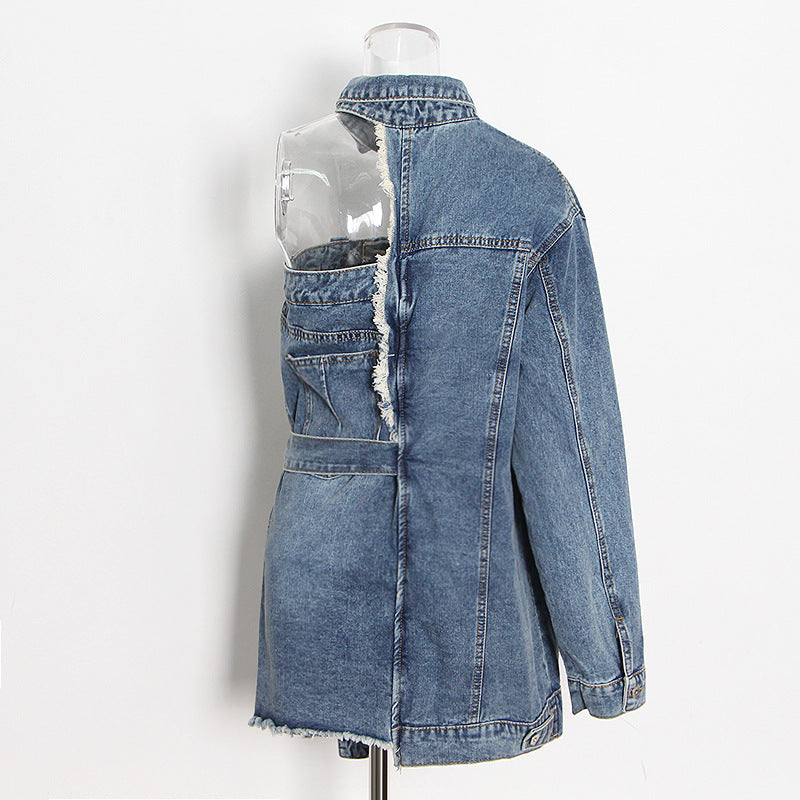 Anti-Aging Irregular Asymmetric Denim Women Autumn Polo Collar Single-Breasted One-Sleeve Short Dress Plus Size