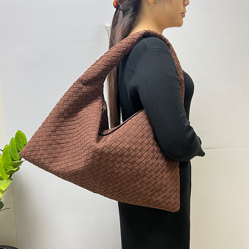 Handmade Suede Woven Solid Color Large Capacity Shoulder Bag Bag Women Simple Casual