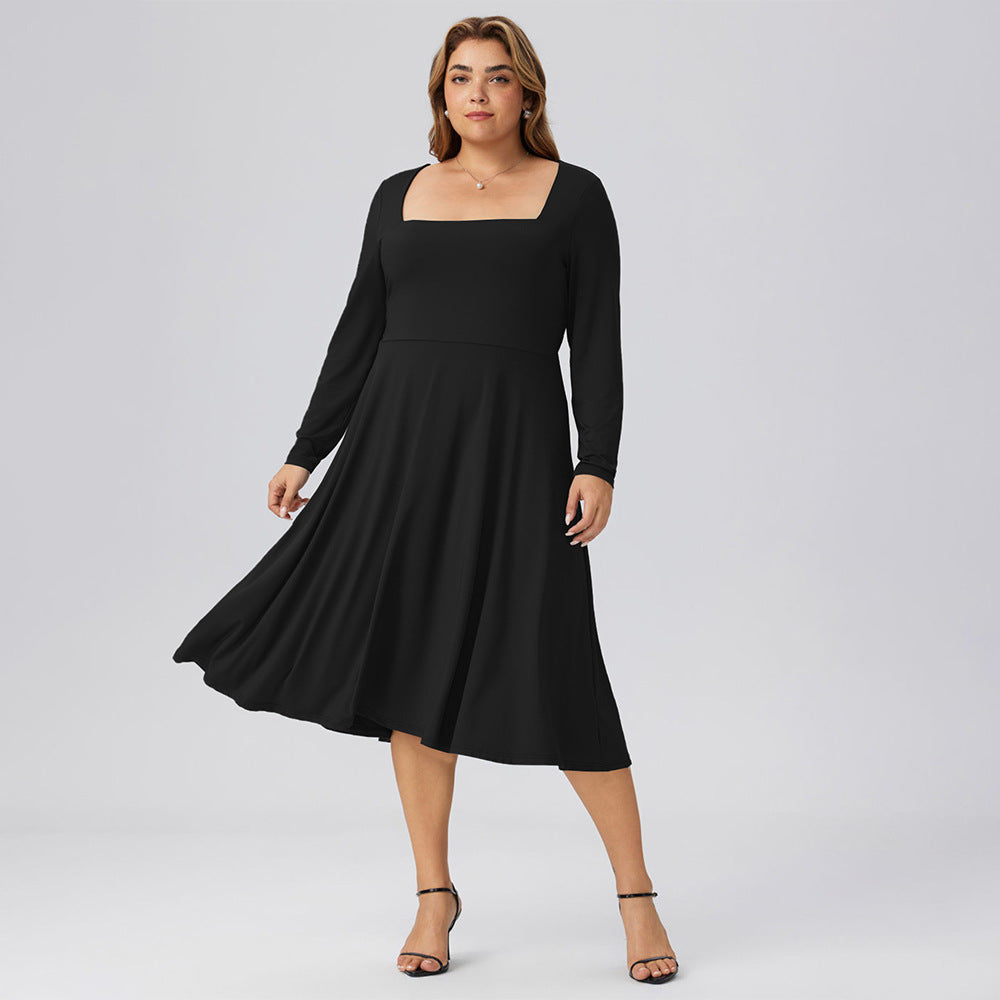 Plus Size Autumn Winter Women Square Collar Mid Length Waist Office Long Sleeve Dress