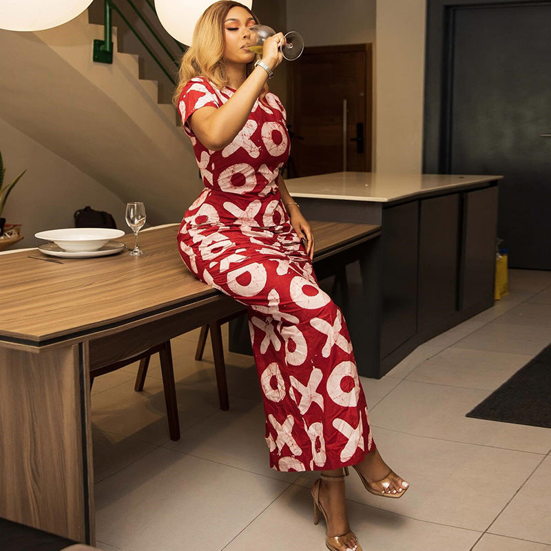 Women Clothing Printed Skirt Set Round Neck Short Sleeve Top Skirt Two Piece Suit Suits