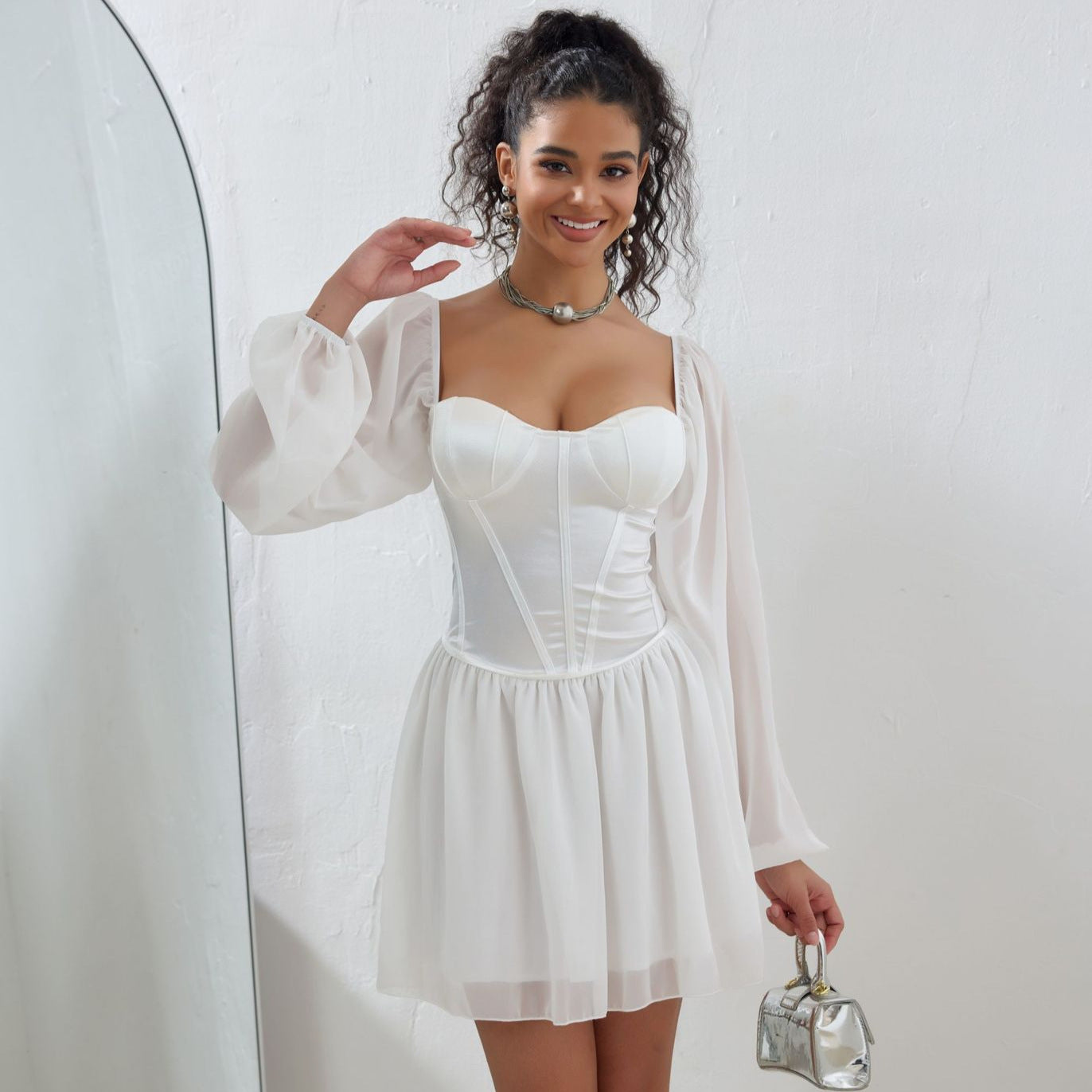 Plus Size Women Clothing Dress Tube Top Square Collar Mesh Stitching Satin High Waist A line Dress