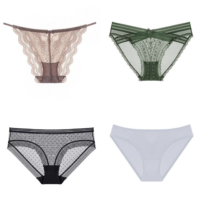 French Sexy Lace Underwear Women Half Sheath Breathable Crocheted Lace Low Waist Briefs Panties