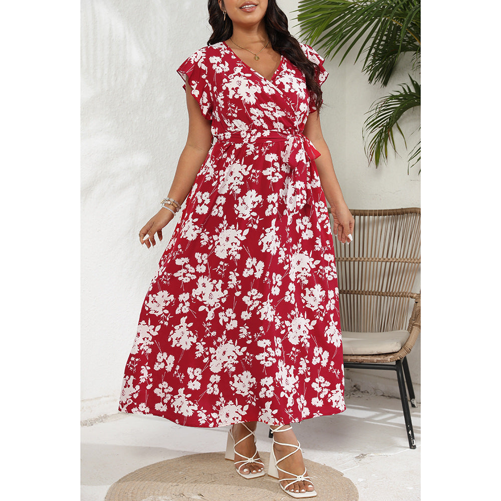 Plus Size Summer V Neck Belt Red Dress