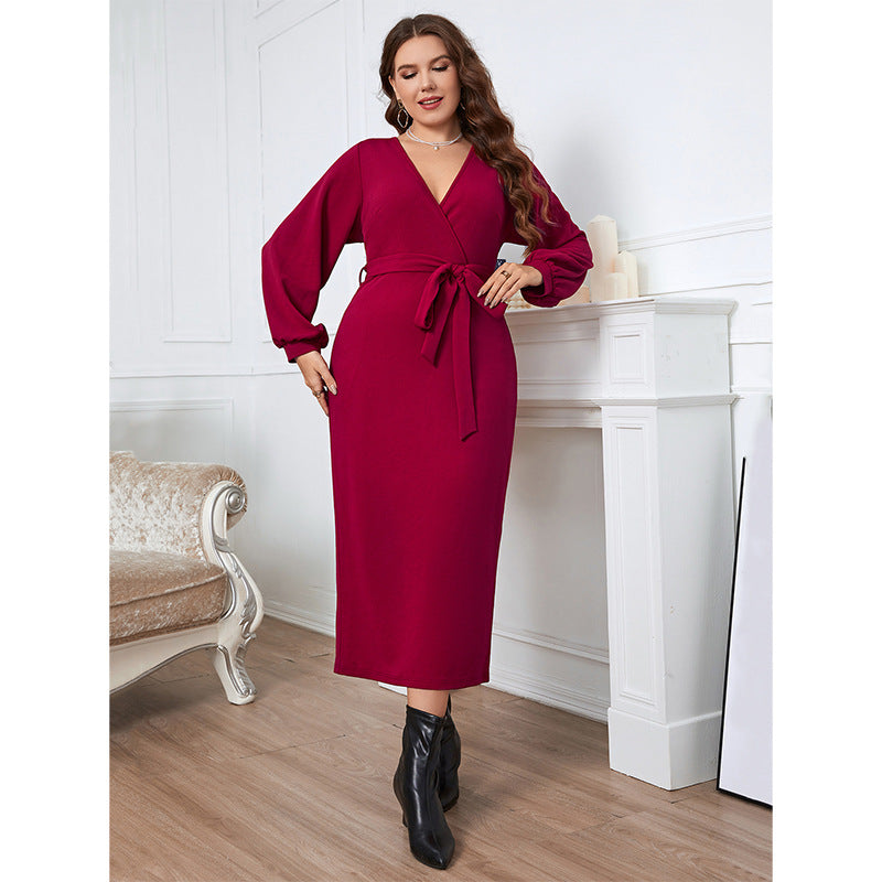 Popular Spring Autumn V neck Long Sleeved Red Slim Fit Jumpsuit Dress