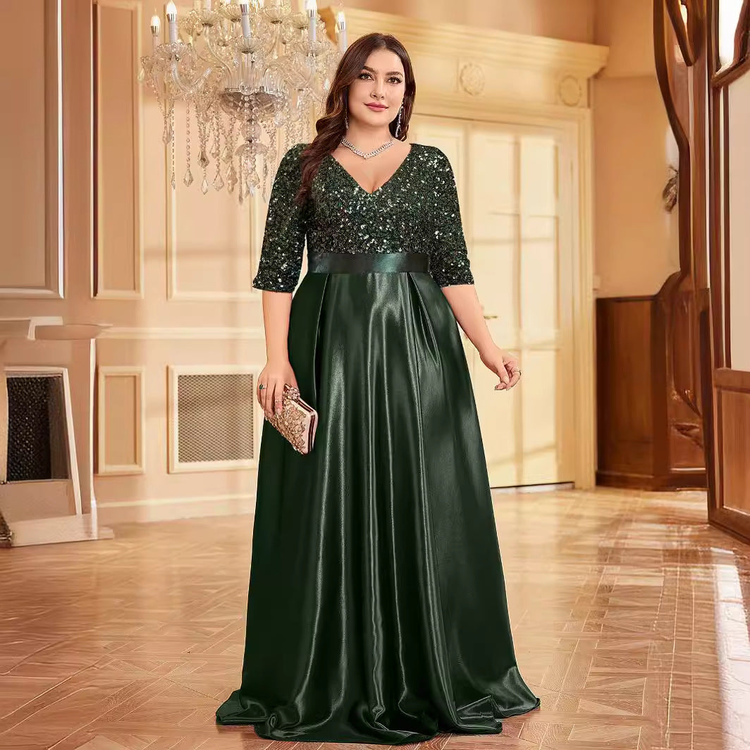 Plus Size V neck Long Sleeve Sequined Elegant Prom Evening Dress Party Dress