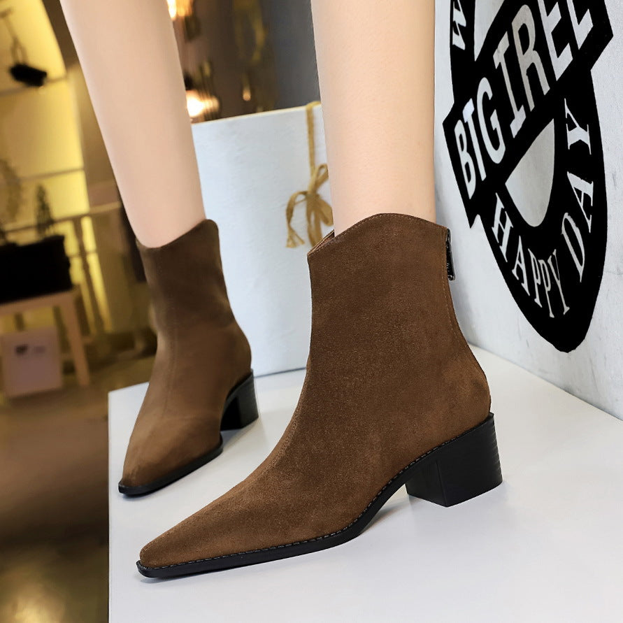 Fashionable Simple Winter All Matching Chunky Heel Mid Heel Pointed Toe Suede Short Boots Short Women Boots