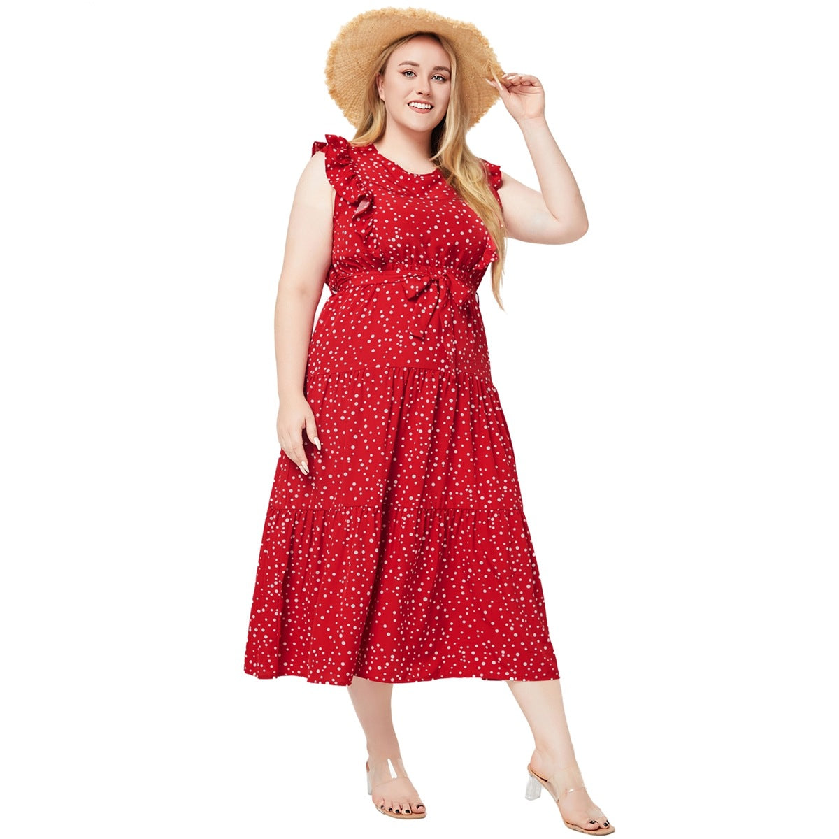 Plus Size Women Clothing Summer Round Neck Ruffled Sleeveless Polka Dot Dress