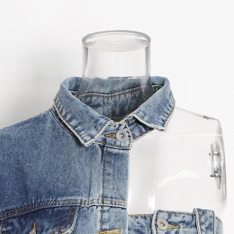 Anti-Aging Irregular Asymmetric Denim Women Autumn Polo Collar Single-Breasted One-Sleeve Short Dress Plus Size