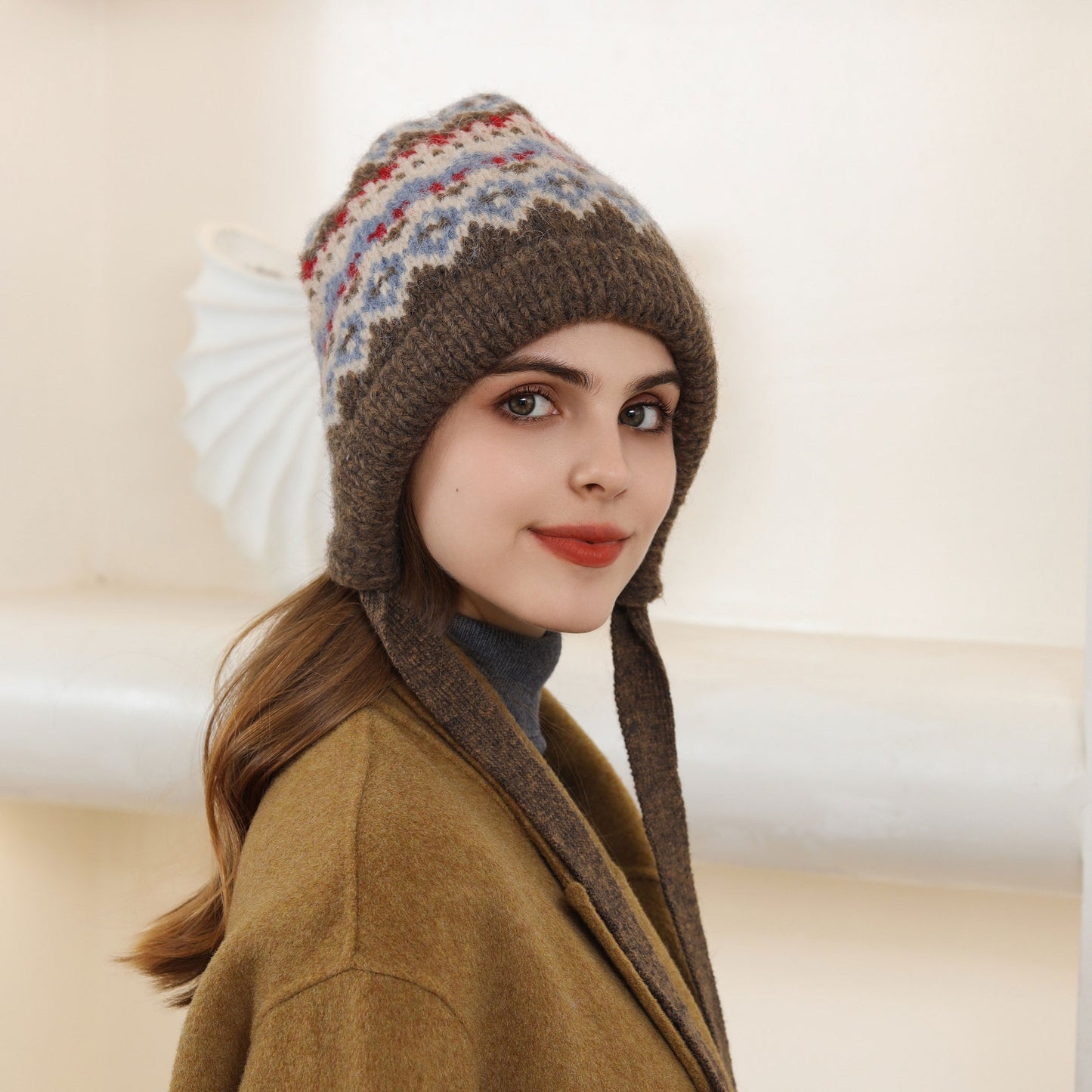 Korean Retro Diamond Lattice Knitted Earmuffs Hat Women Autumn Winter Warm All Matching Thickened Woolen Cap