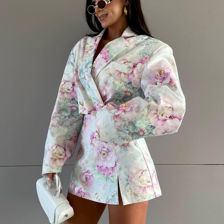 Loose Skirt Two Piece Set Long Sleeve Collared Top Printed High Waist Skirt Sets