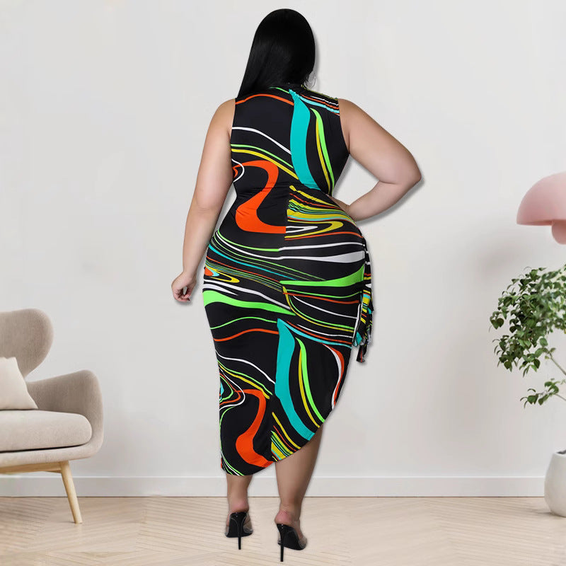 Plus Size Sexy Women Clothing Irregular Asymmetric Pattern Print Strap Hip Bag Dress