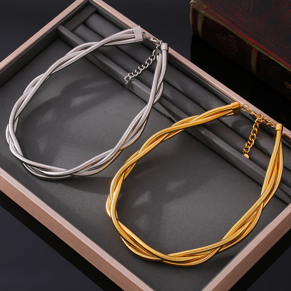 Heavy Industry Golden Three Wire Winding Collar Necklace Light Luxury Stainless Steel Plated 18K Real Gold Punk Necklace