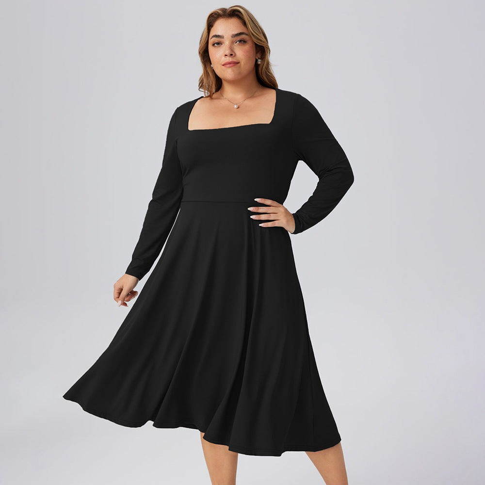 Plus Size Autumn Winter Women Square Collar Mid Length Waist Office Long Sleeve Dress