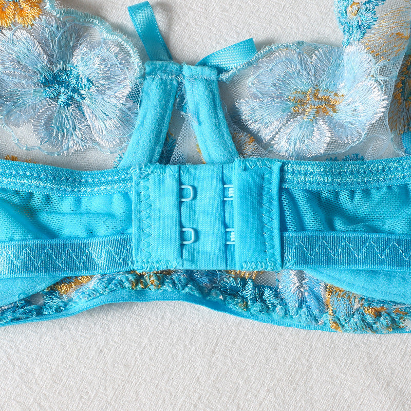 Sexy See-through Mesh Embroidered Printed Garter Three Piece Set Sexy Suit