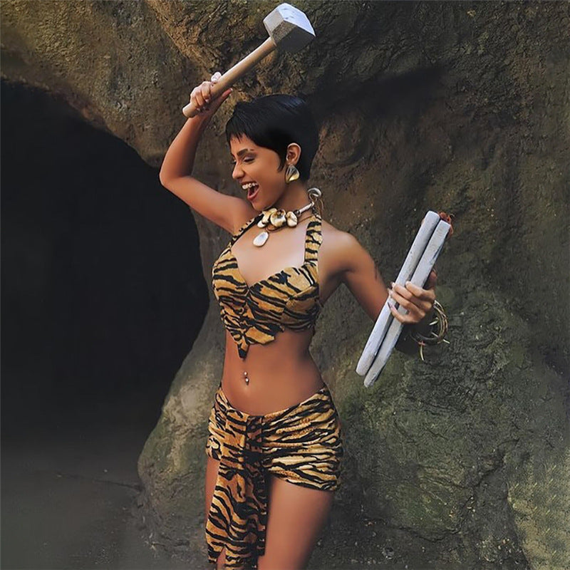 Spring Women Clothing Sexy Tiger Pattern Halter Cropped Tank Top Hip Skirt Two Piece Set for Women