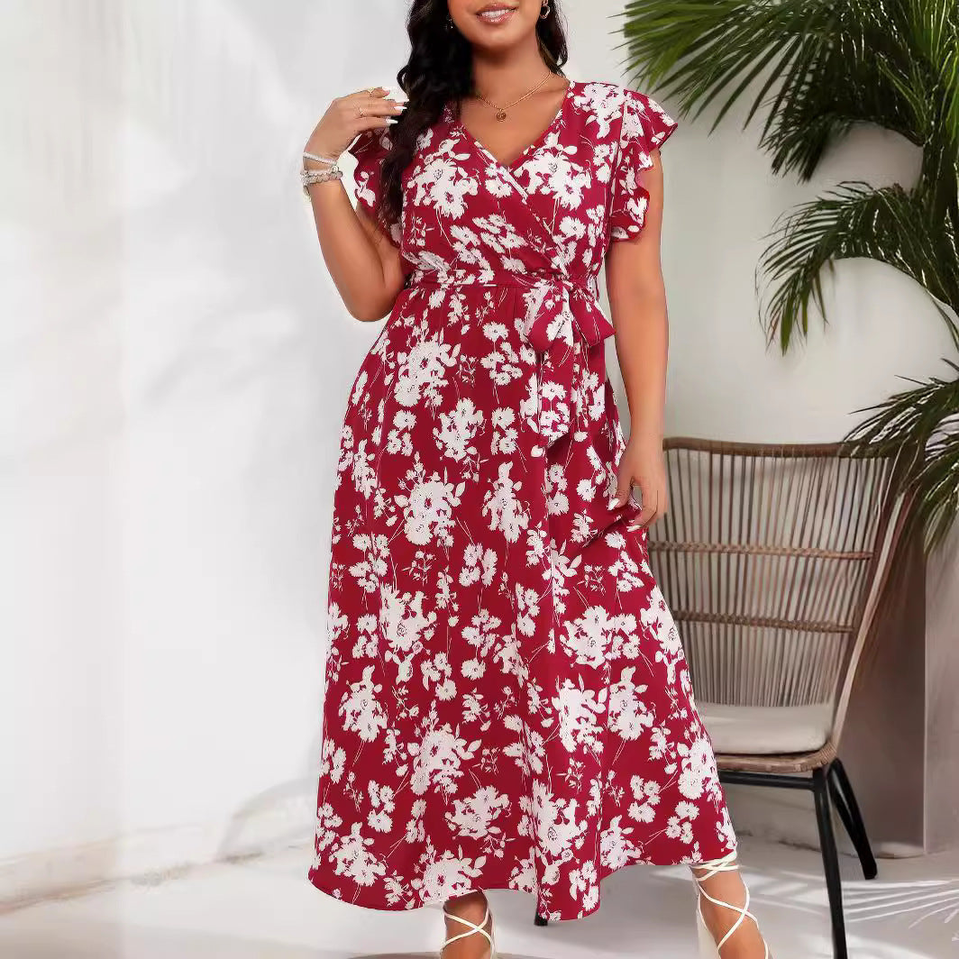 Plus Size Summer V Neck Belt Red Dress