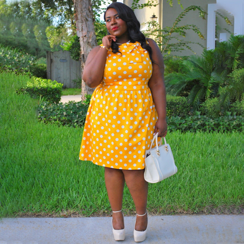 Plus Size Wish Vintage Print Stitching Bow Dress Dress