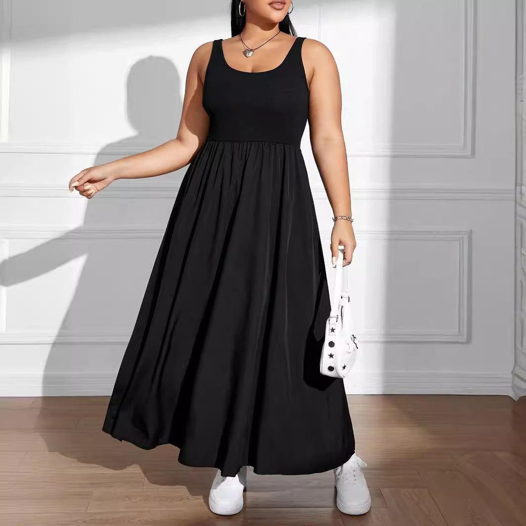 Plus Size Women Collar Sleeveless Dress Fitted Waist Vest Solid Color Midi Dress