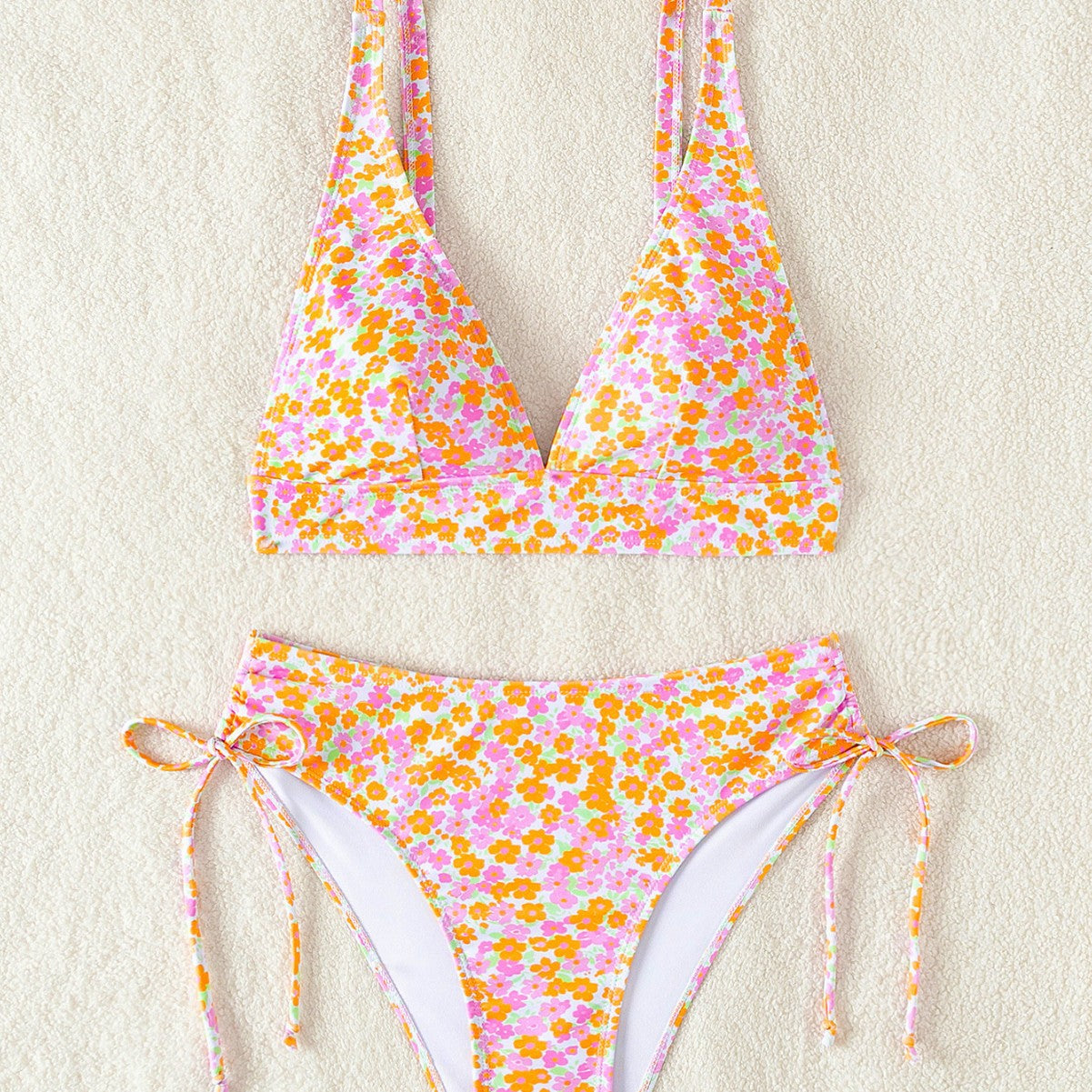 Bikini Small Floral Print Deep V Plunge Sexy Bikini Split Swimsuit Women