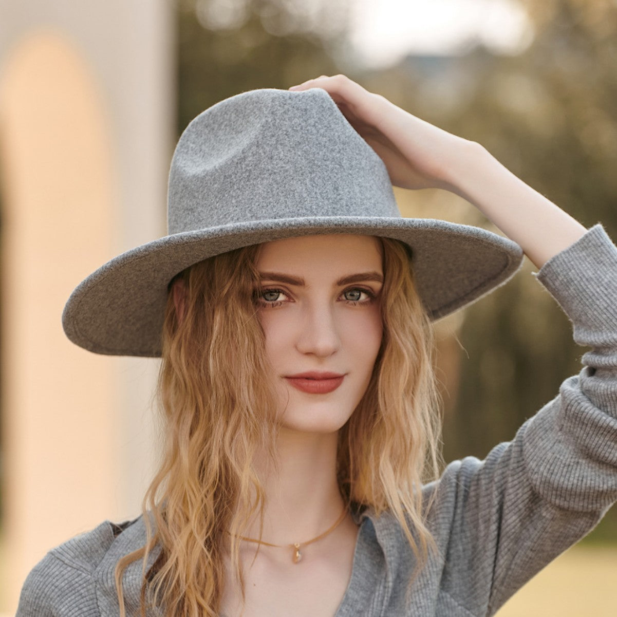 British Jazz Panama Hat Gray Knot Decoration Wool Hat Big Brim Autumn Winter Elegant Hat