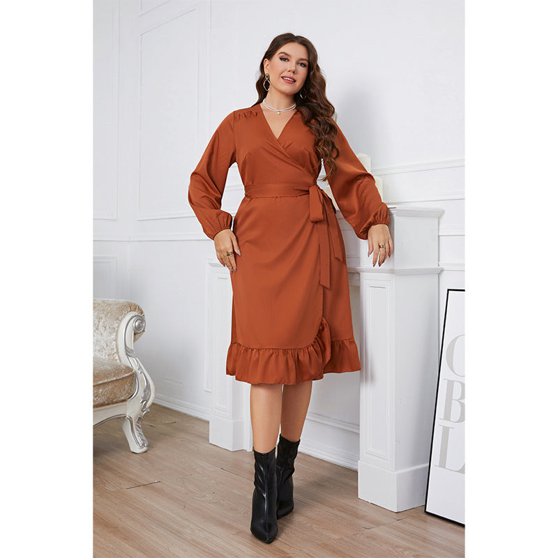 Spring Autumn Long Sleeve Plus Size One Piece Waist Dress