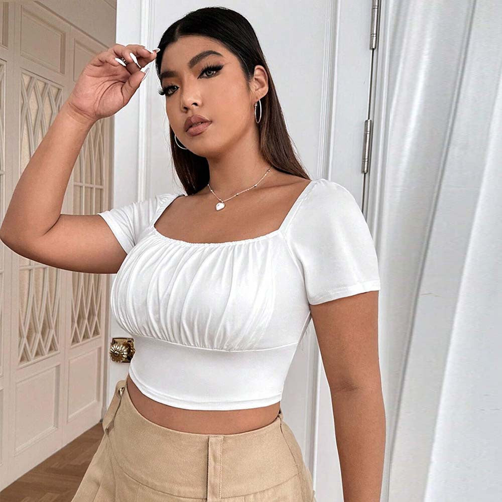 Plus Size Women Elegant Square Neck T shirt Summer Slim Fit Solid Color Short Top