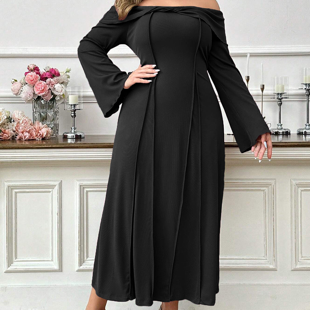 Plus Size Women Elegant Intellectual Dress Autumn Winter Boat Collar Adult Lady like Woman Elegant Midi Dress