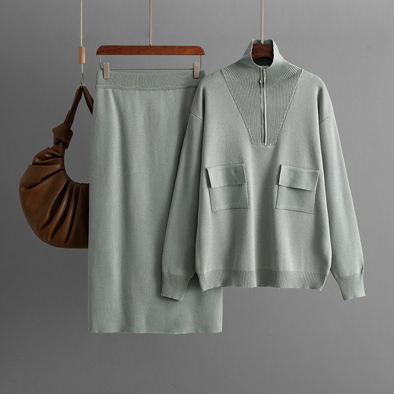 Autumn Winter Solid Color Polo Collar Half Zipper Knitted Top Wrapped Skirt Two Piece Set