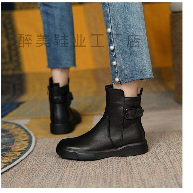 Women Platform Single Layer Boots Retro Flat Bottom Ankle Boots