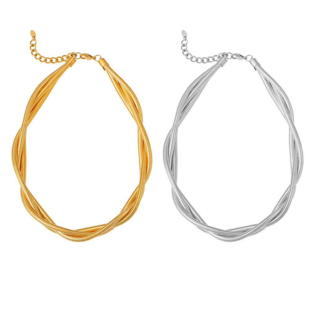 Heavy Industry Golden Three Wire Winding Collar Necklace Light Luxury Stainless Steel Plated 18K Real Gold Punk Necklace