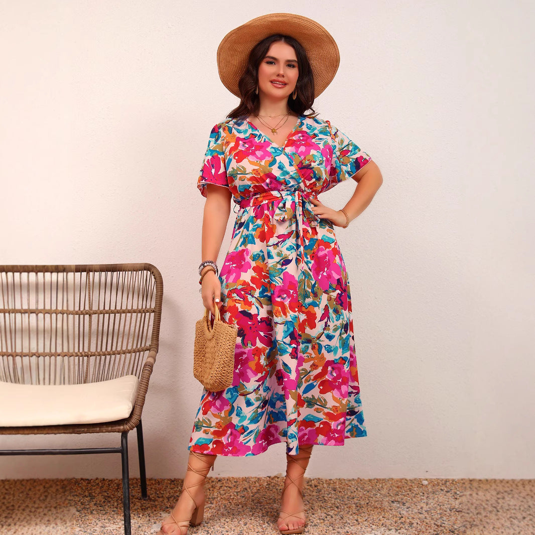 plus Size Women Elegant Graceful V neck Waist Controlled Slimming Lace up A line Floral Dress