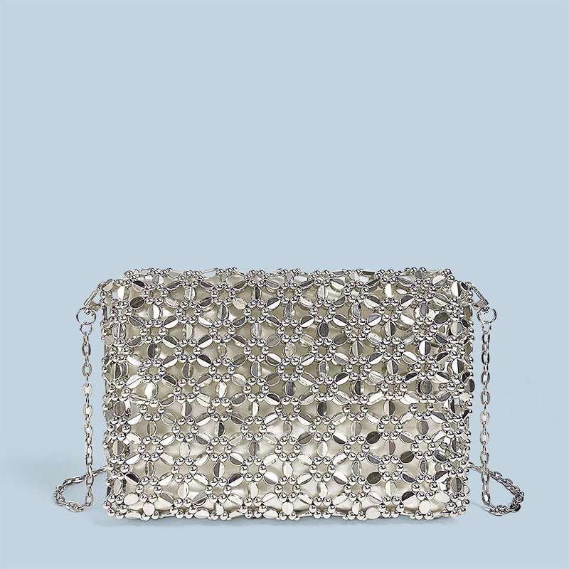 Silver Shiny Hand Woven Beads Small Square Bag Cocktail Pearl Hollowed Crossbody Small Bag