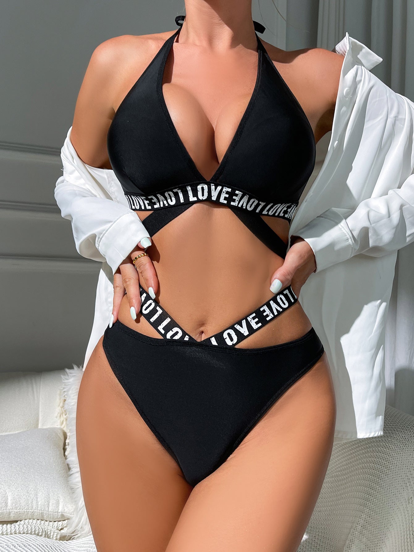 Sexy Hollow Out Cutout Backless Letter Graphic Strap Three Point Sexy Lingerie Set