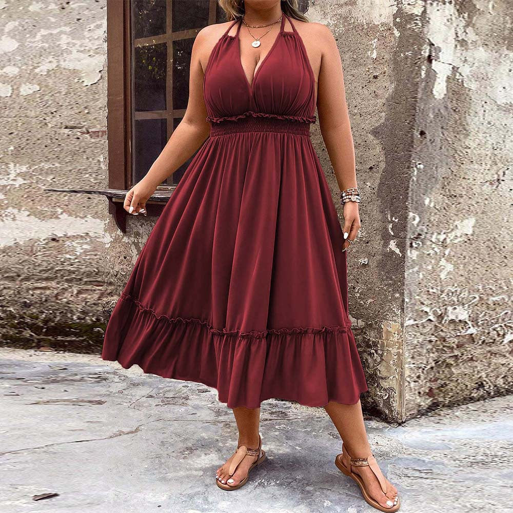 Plus Size Women Roman Vacation Dress Summer V neck Halter Midi Dress