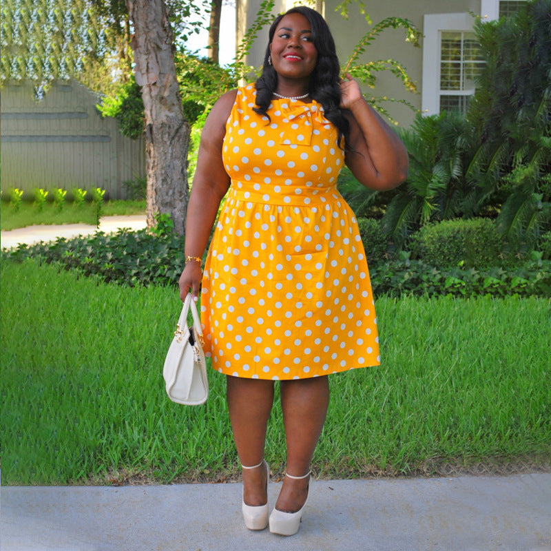 Plus Size Wish Vintage Print Stitching Bow Dress Dress