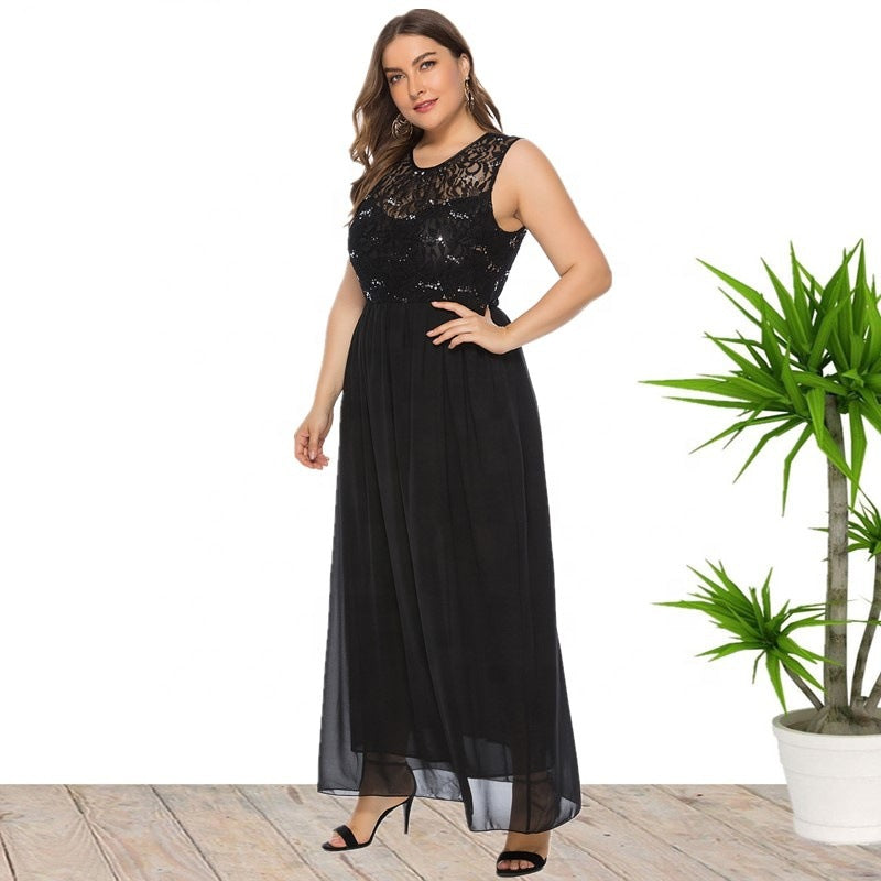 Plus Size Summer Women Clothes Sleeveless Sequin Lace Chiffon Stitching Dress
