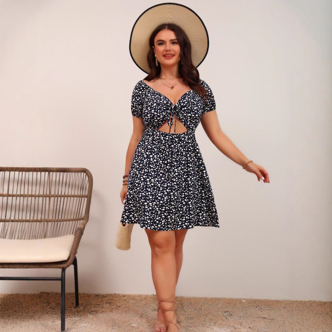 Plus Size Sexy Floral Chest Pleated Waist Trimming Short Sleeved V neck Dress