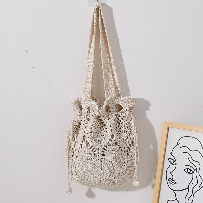 South Korea Cotton Thread Woven Bag Summer One Shoulder Portable Fairy Floral Bucket Straw Bag Vacation Beach Bag