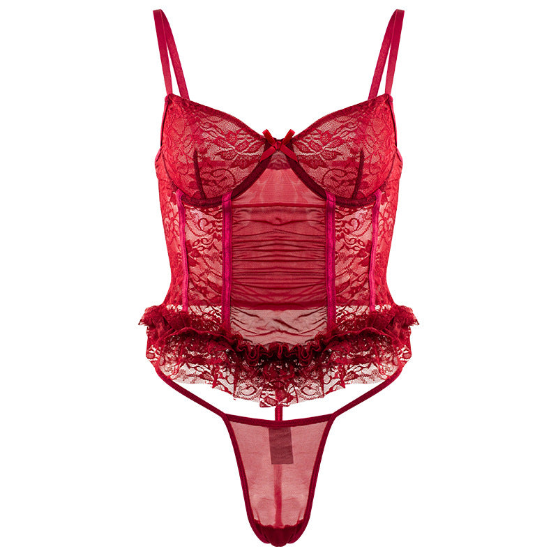Sexy Underwear Thin Bra Low Waist Thin Belt T Back Lace Sexy Bodybuilding Split Two Piece Set