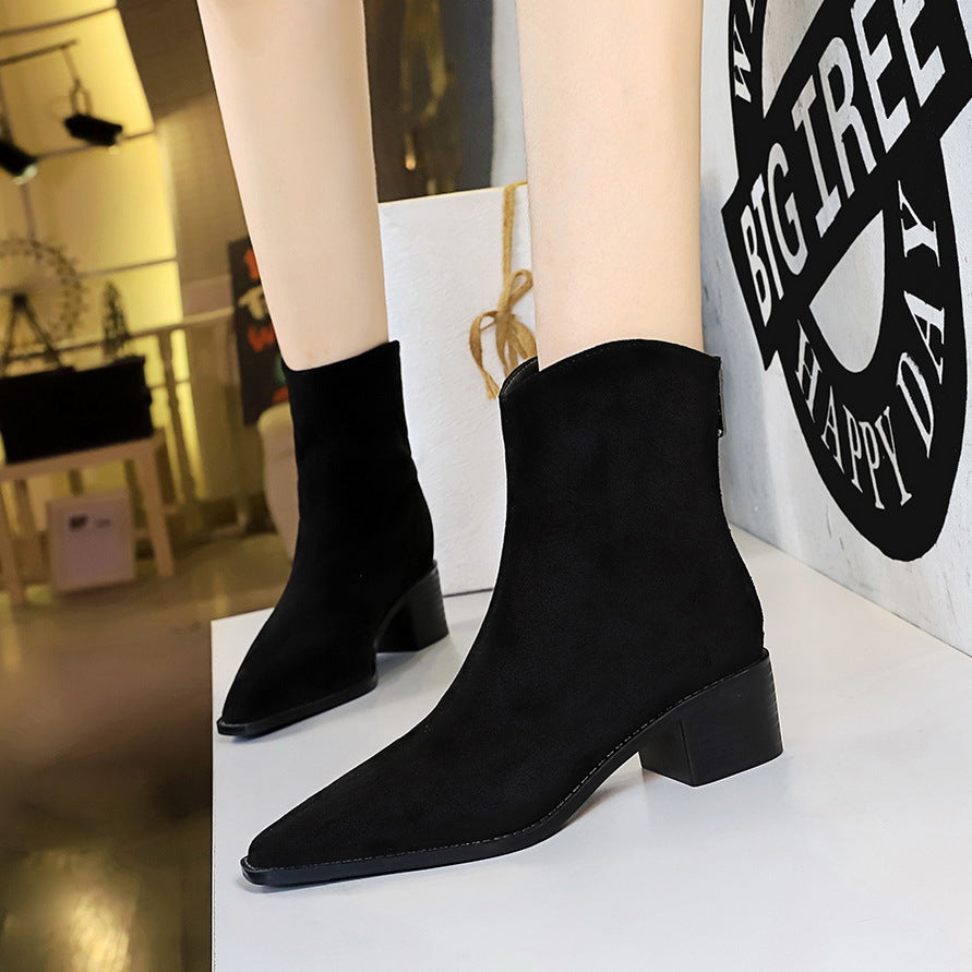 Fashionable Simple Winter All Matching Chunky Heel Mid Heel Pointed Toe Suede Short Boots Short Women Boots