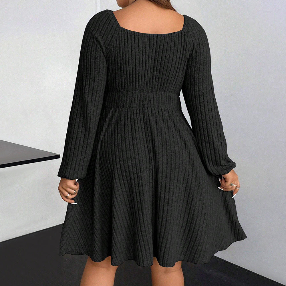Plus Size Autumn Winter Women Clothing Square Collar Long Sleeve Waist Mini Fleece Sunken Stripe Dress