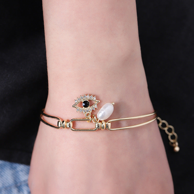 Metal Gold Plated Movable Adjustable Bracelet Pearl Diamond Embedded Devil Eye Embellished