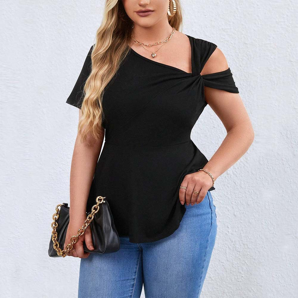 Plus Size Women Sexy off Shoulder Diagonal Collar T shirt Summer Pullover Solid Color Short Sleeve Top