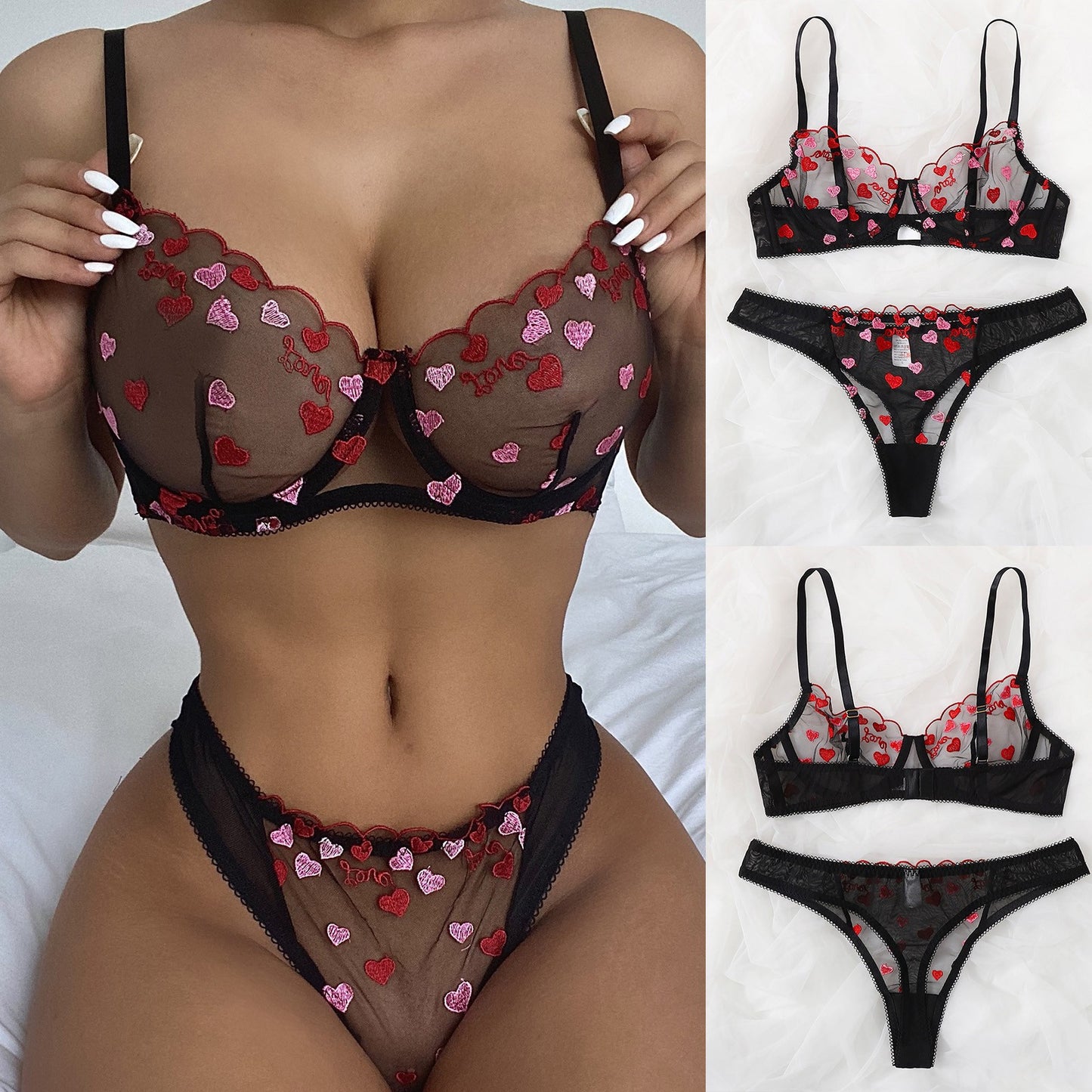 Pink Love Embroidered Transparent Black Mesh Sexy Suit