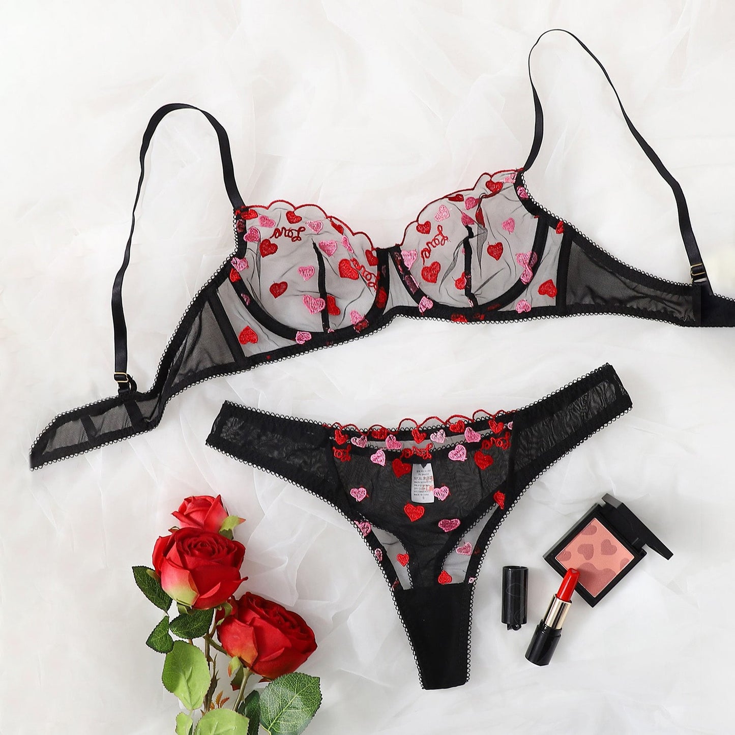 Pink Love Embroidered Transparent Black Mesh Sexy Suit