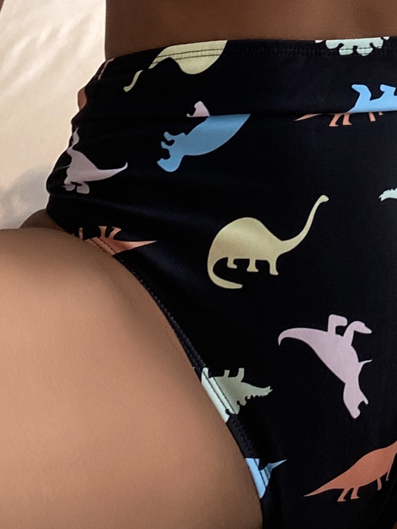Swimwear Black V neck Cartoon Dinosaur Printed V neck High Waist Sexy Bikini Swimsuit