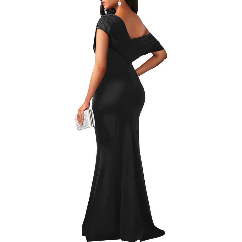 plus Size Women Clothing Hip Wrapped Dress Solid Color off the Neck Dress