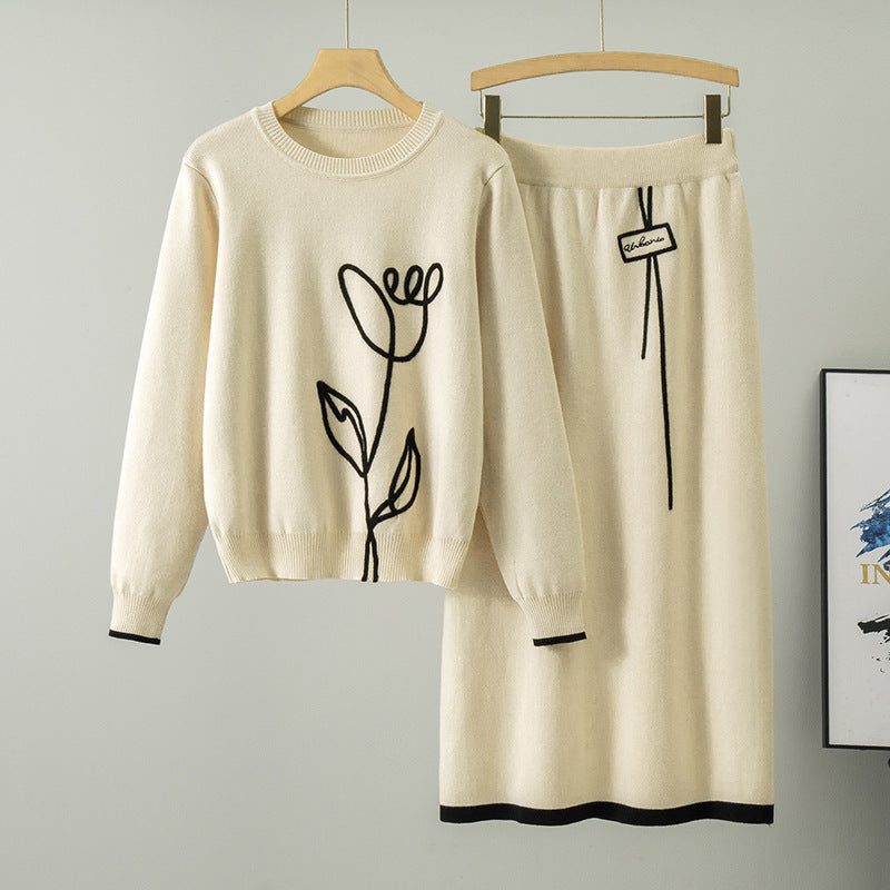 Graceful Fashionable Women Spring Autumn Three Dimensional Rose Simple Top Skirt Knit Two Piece Sets Women