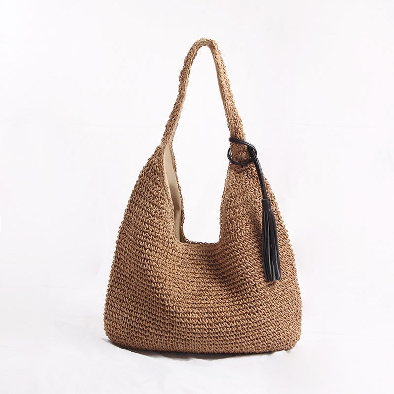 One Shoulder Large Capacity Straw Bag Woven Bag Casual Beach Bag Vacation Straw Bag One Shoulder Portable Office Women Bag