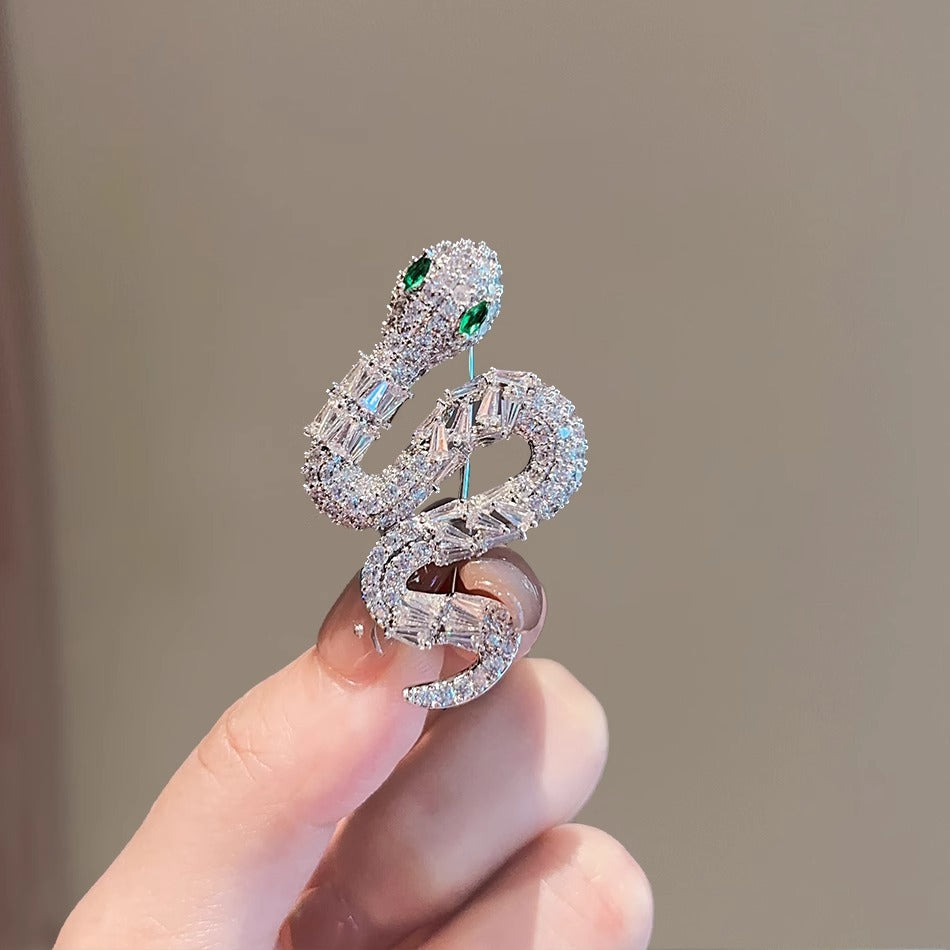 Green-Eyed Snake Brooch Silver